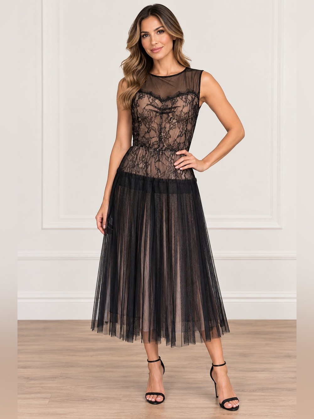 MNG Suit Black Lace Sheer Pleated Midi Dress Women’s Size L Romantic Evening